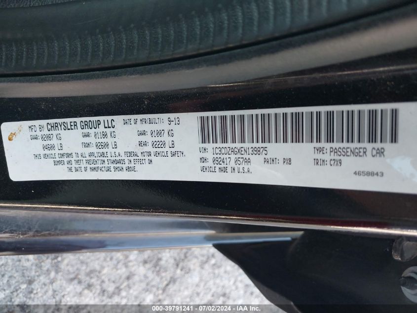 2014 Dodge Avenger Se VIN: 1C3CDZAGXEN139875 Lot: 39791241