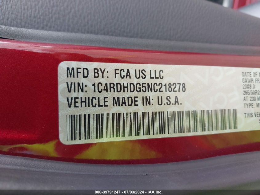 2022 Dodge Durango Gt VIN: 1C4RDHDG5NC218278 Lot: 39791247