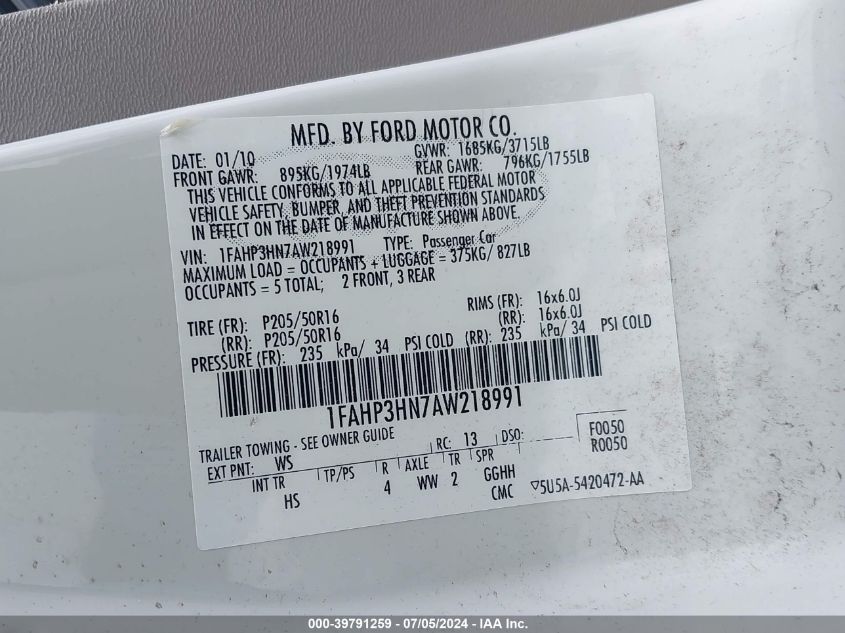 2010 Ford Focus Sel VIN: 1FAHP3HN7AW218991 Lot: 39791259