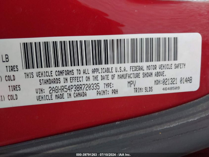 2008 Chrysler Town & Country Touring VIN: 2A8HR54P38R720335 Lot: 39791263