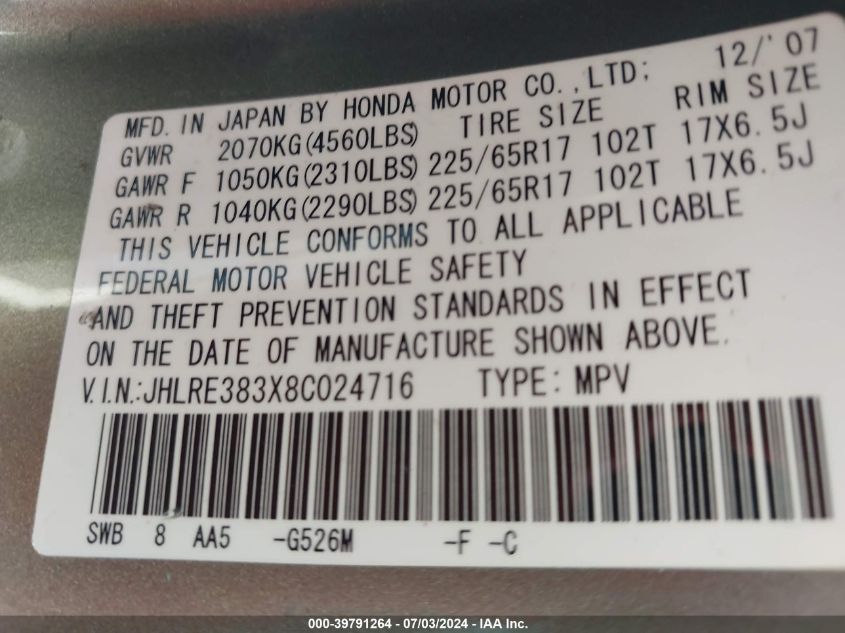 2008 Honda Cr-V Lx VIN: JHLRE383X8C024716 Lot: 39791264