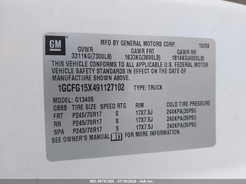 2009 Chevrolet Express 1500 Work Van VIN: 1GCFG15X491127102 Lot: 39791265