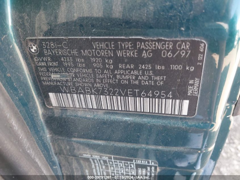 1997 BMW 328Ic VIN: WBABK7322VET64954 Lot: 39791267