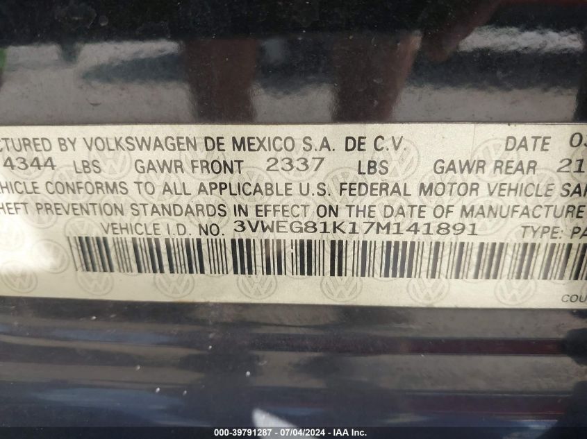 2007 Volkswagen Jetta Wolfsburg Edition VIN: 3VWEG81K17M141891 Lot: 39791287