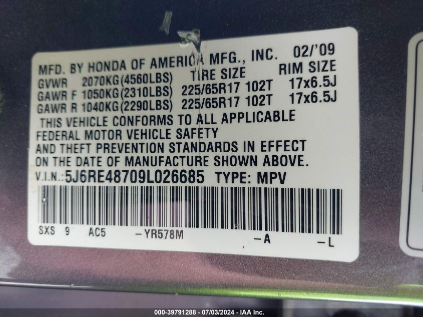 2009 Honda Cr-V Ex-L VIN: 5J6RE48709L026685 Lot: 39791288