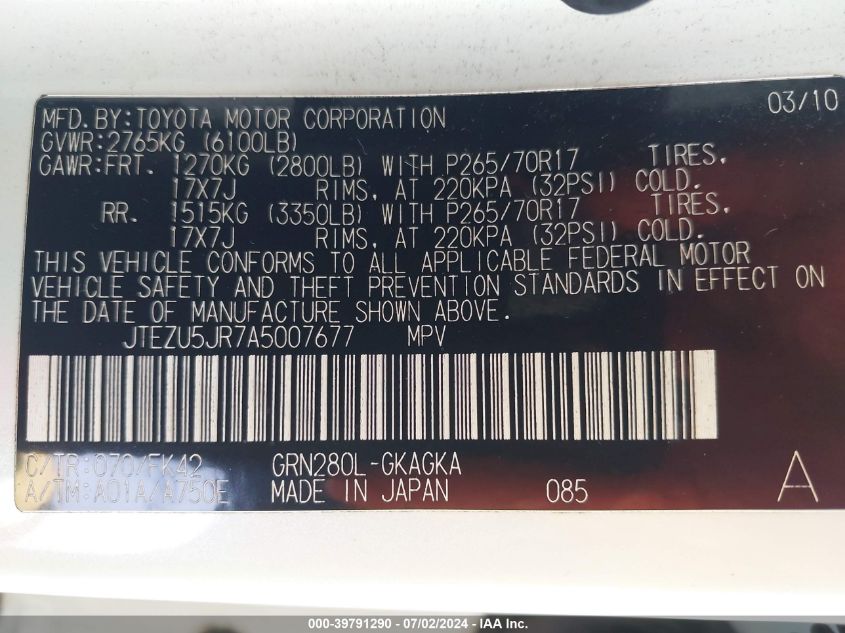 2010 Toyota 4Runner Sr5 V6 VIN: JTEZU5JR7A5007677 Lot: 39791290