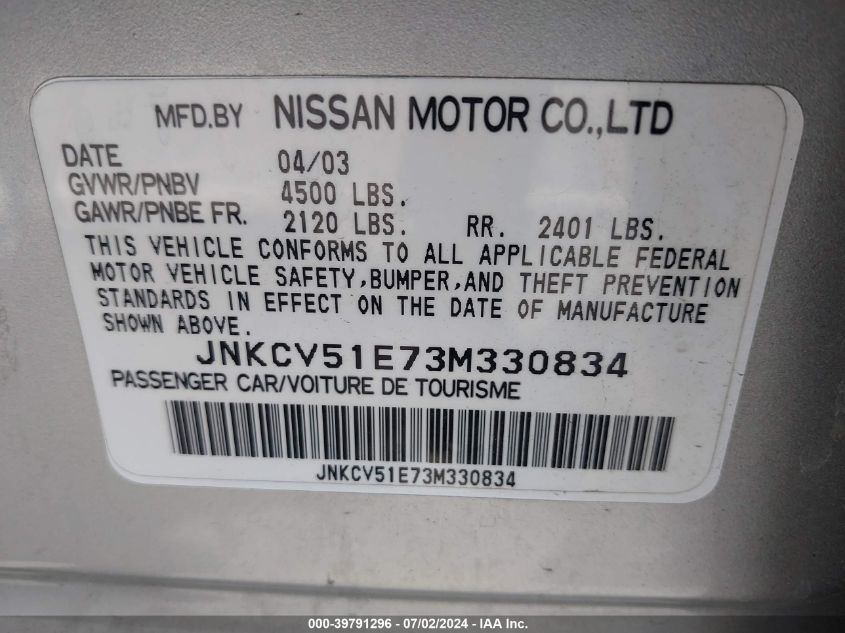 2003 Infiniti G35 Luxury Leather VIN: JNKCV51E73M330834 Lot: 39791296