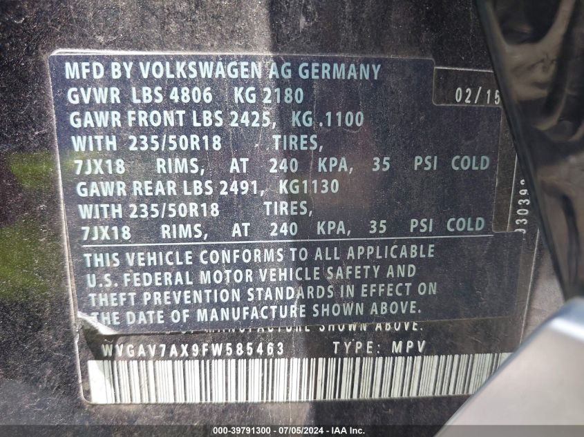 2015 Volkswagen Tiguan Sel VIN: WVGAV7AX9FW585463 Lot: 39791300