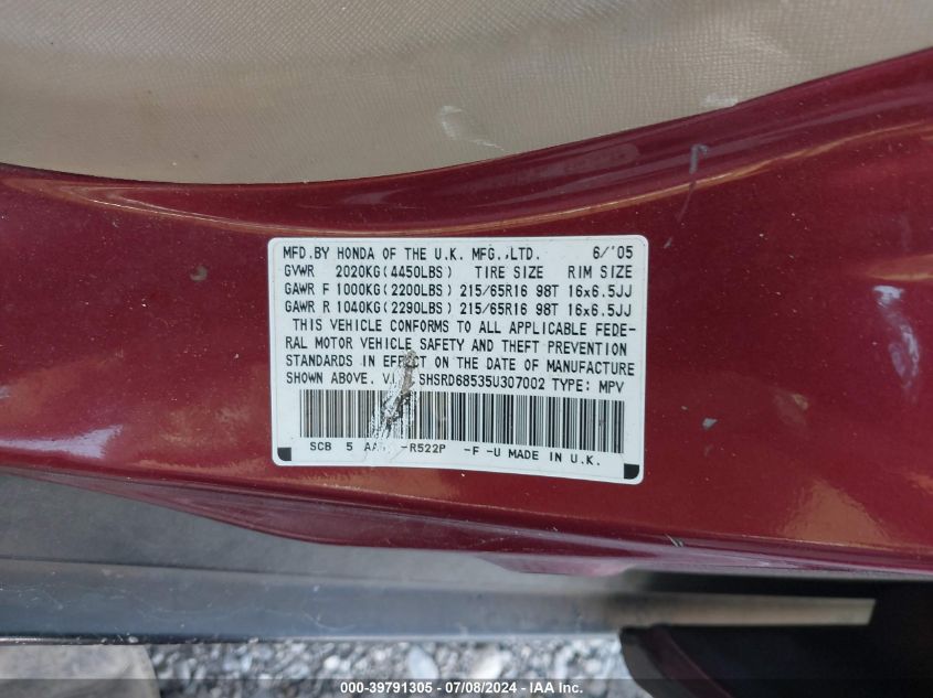 2005 Honda Cr-V Lx VIN: SHSRD68535U307002 Lot: 39791305