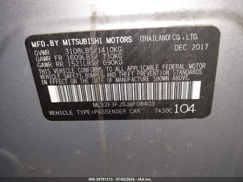 ML32F3FJ5JHF08403 2018 Mitsubishi Mirage G4 G4 Es