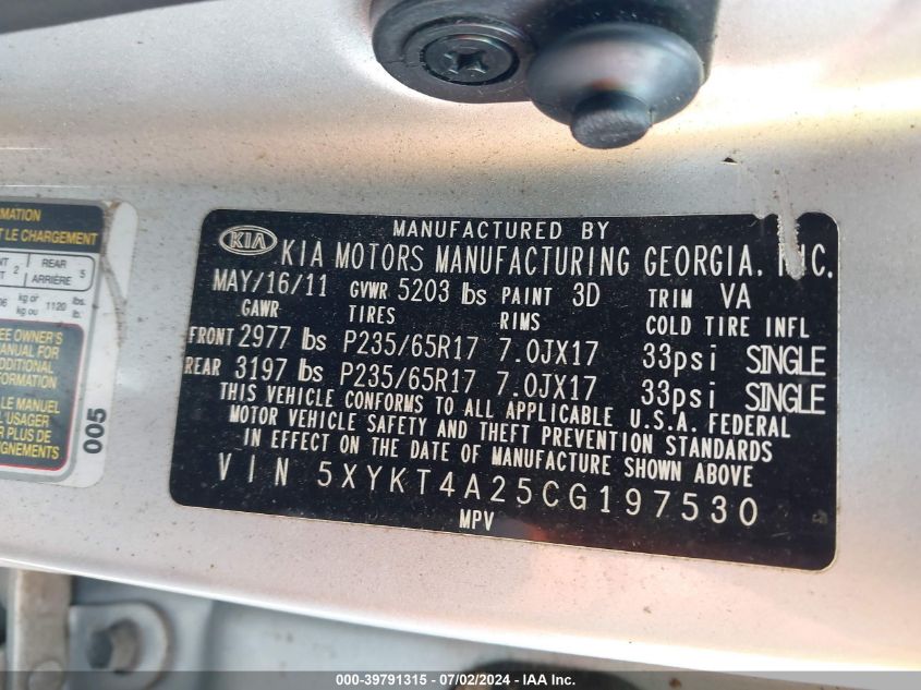 2012 Kia Sorento Lx V6 VIN: 5XYKT4A25CG197530 Lot: 39791315