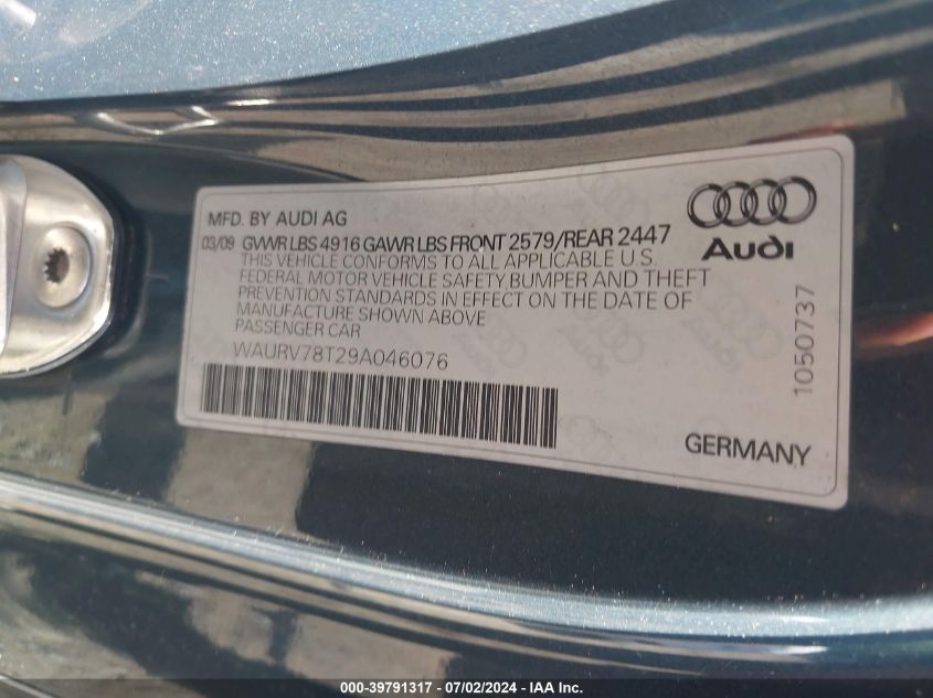 WAURV78T29A046076 2009 Audi S5 4.2L