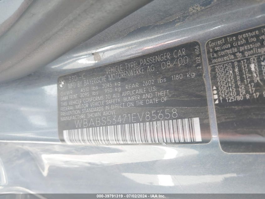 2001 BMW 330Ci VIN: WBABS53471EV85658 Lot: 39791319