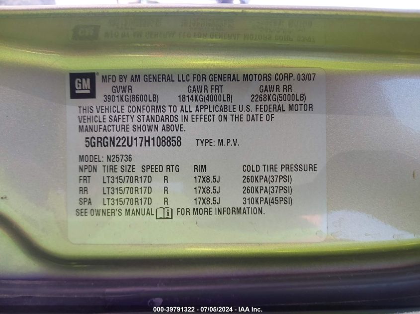2007 Hummer H2 Sut VIN: 5GRGN22U17H108858 Lot: 39791322