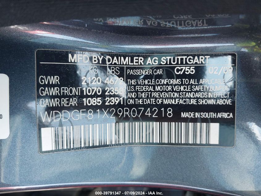 2009 Mercedes-Benz C 300 Luxury 4Matic/Sport 4Matic VIN: WDDGF81X29R074218 Lot: 39791347