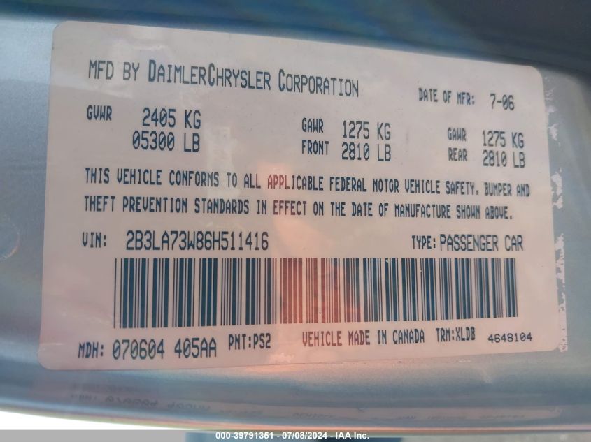 2006 Dodge Charger Srt8 VIN: 2B3LA73W86H511416 Lot: 39791351