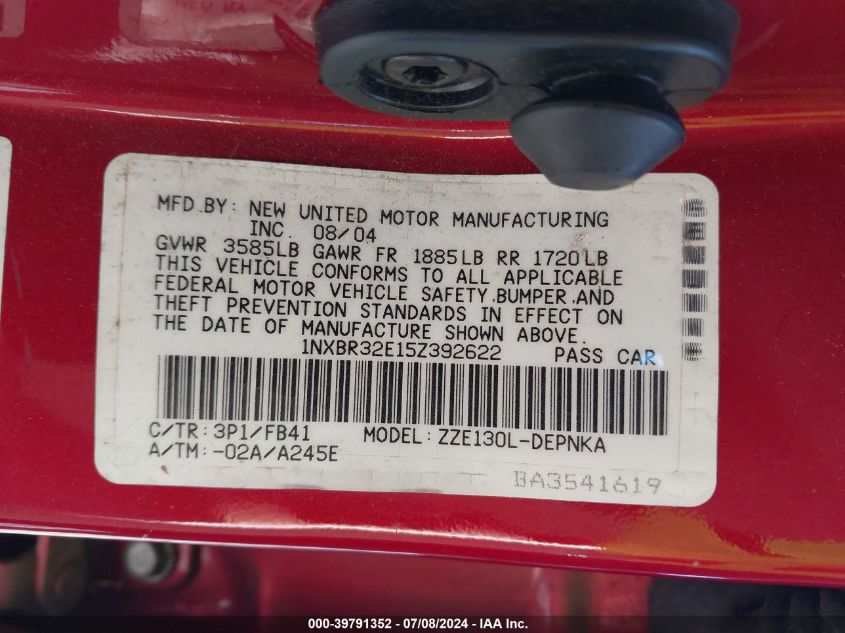 2005 Toyota Corolla Le VIN: 1NXBR32E15Z392622 Lot: 39791352