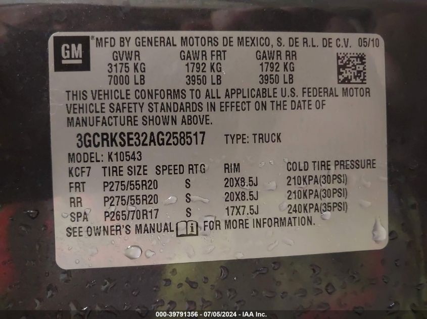 2010 Chevrolet Silverado 1500 Lt VIN: 3GCRKSE32AG258517 Lot: 39791356