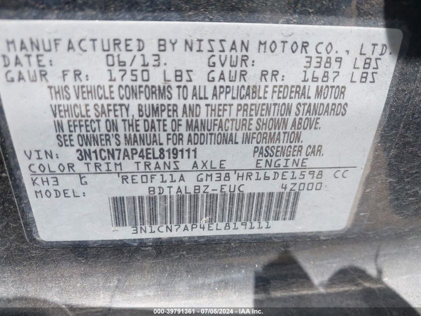 2014 Nissan Versa 1.6 Sv VIN: 3N1CN7AP4EL819111 Lot: 39791361