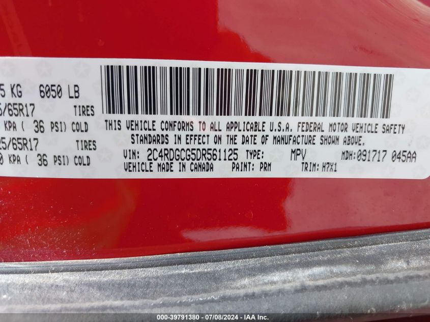 2013 Dodge Grand Caravan Sxt VIN: 2C4RDGCG5DR561125 Lot: 39791380