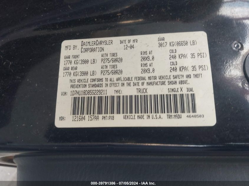 2005 Dodge Ram 1500 St/Slt VIN: 1D7HU18D85S229211 Lot: 39791386