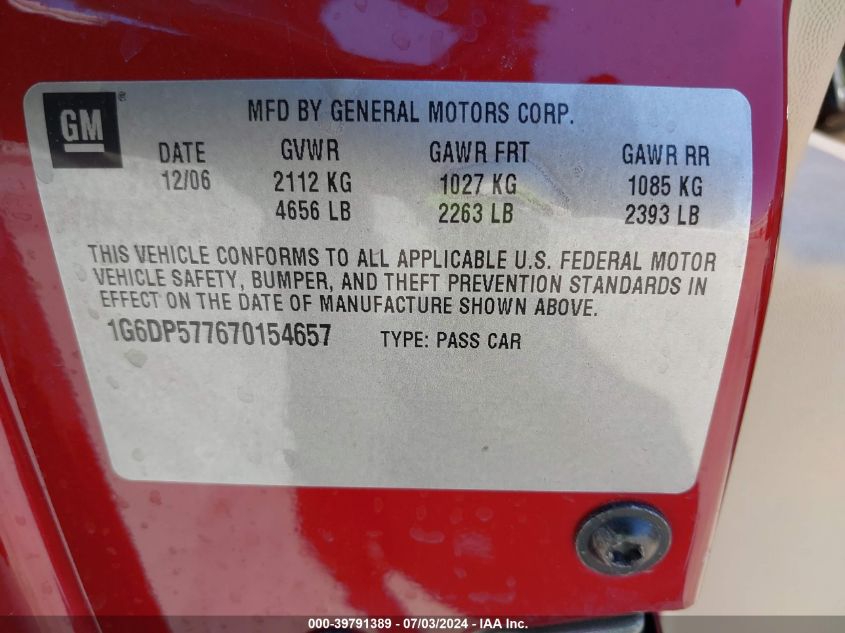 2007 Cadillac Cts Standard VIN: 1G6DP577670154657 Lot: 39791389