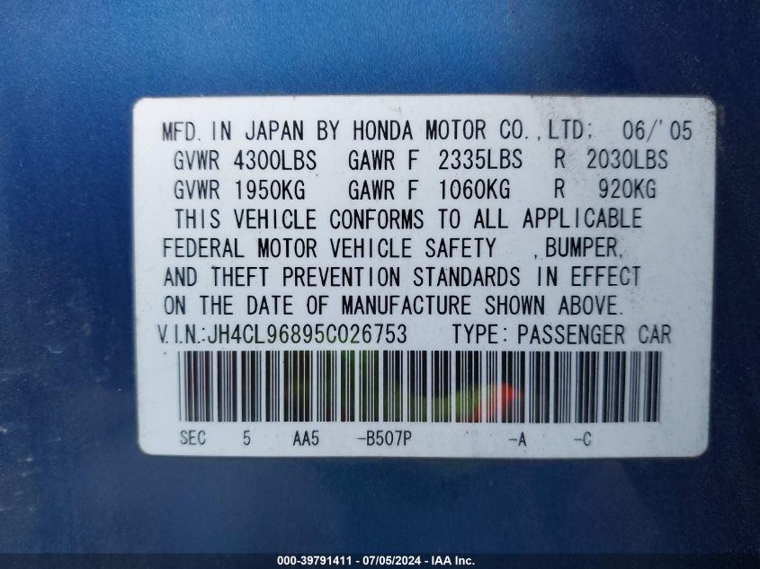 2005 Acura Tsx VIN: JH4CL96895C026753 Lot: 39791411