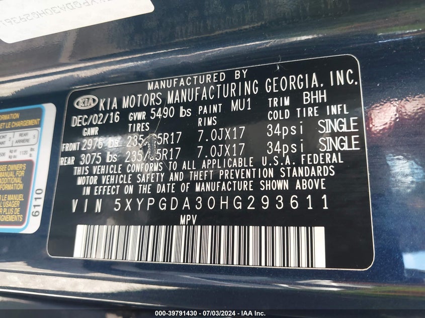 2017 Kia Sorento Lx/L VIN: 5XYPGDA30HG293611 Lot: 39791430