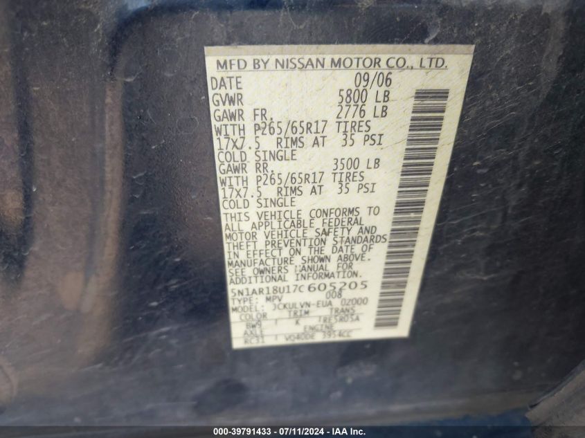 2007 Nissan Pathfinder Le VIN: 5N1AR18U17C605205 Lot: 39791433