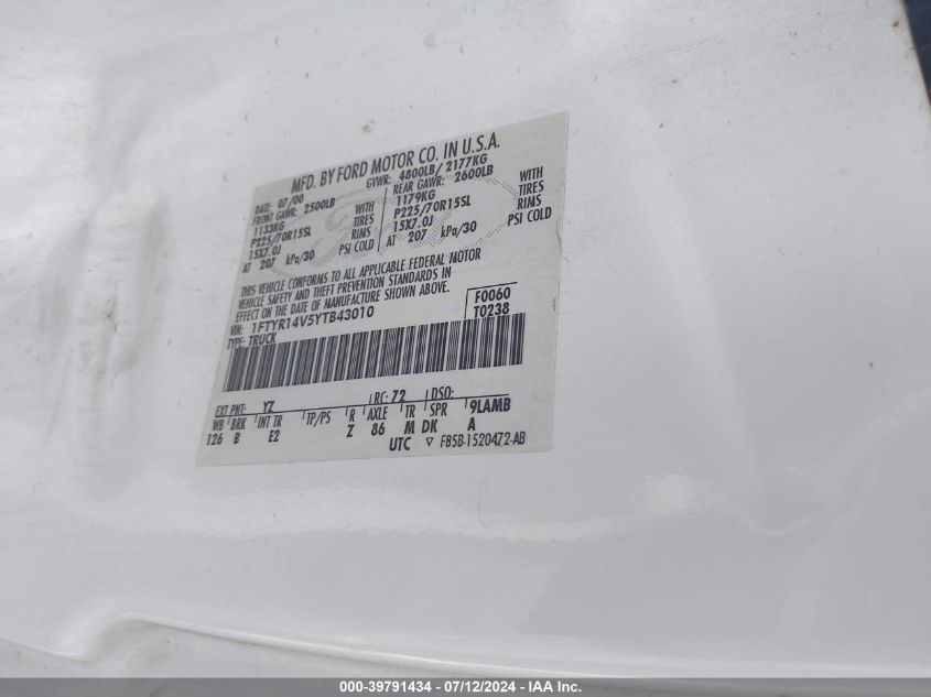 2000 Ford Ranger Xl/Xlt VIN: 1FTYR14V5YTB43010 Lot: 39791434