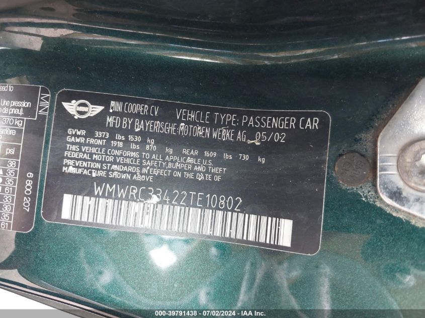2002 Mini Cooper VIN: WMWRC33422TE10802 Lot: 39791438