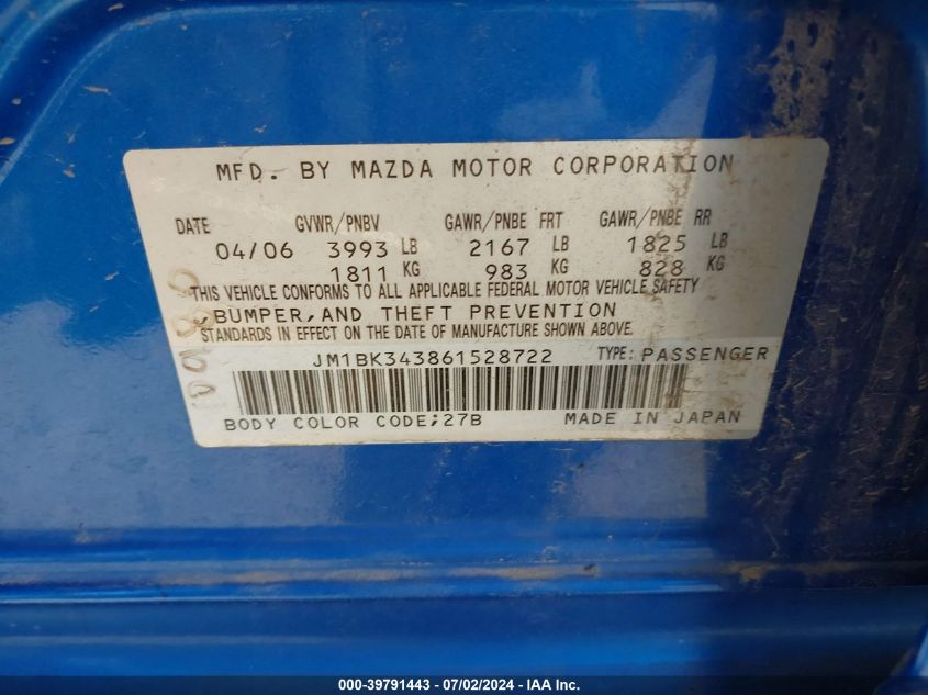 2006 Mazda Mazda3 S Grand Touring VIN: JM1BK343861528722 Lot: 39791443