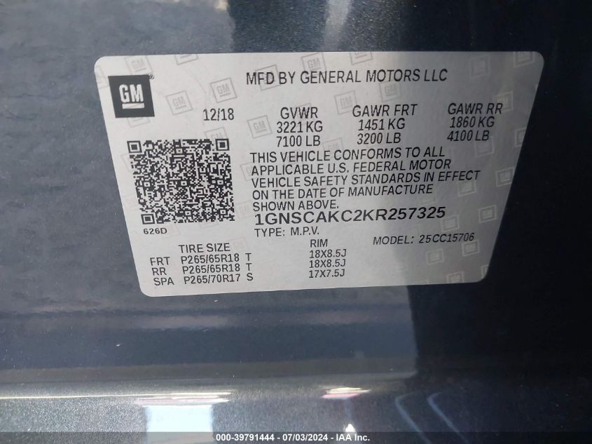 2019 Chevrolet Tahoe C1500 Ls VIN: 1GNSCAKC2KR257325 Lot: 39791444