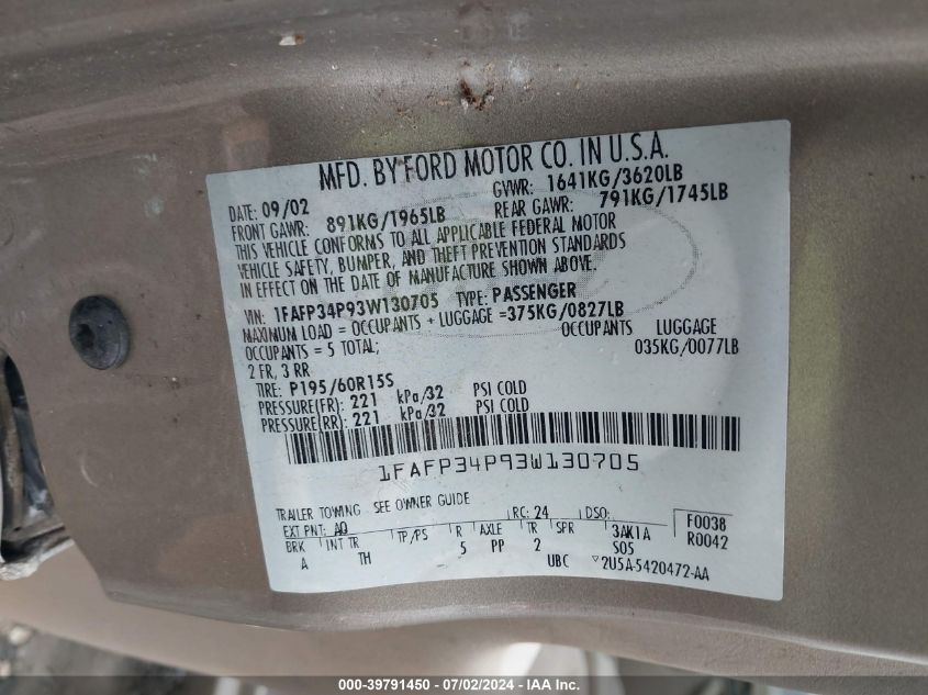 2003 Ford Focus Se VIN: 1FAFP34P93W130705 Lot: 39791450