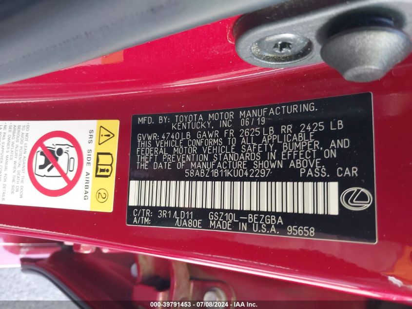 2019 Lexus Es 350 VIN: 58ABZ1B11KU042297 Lot: 39791453