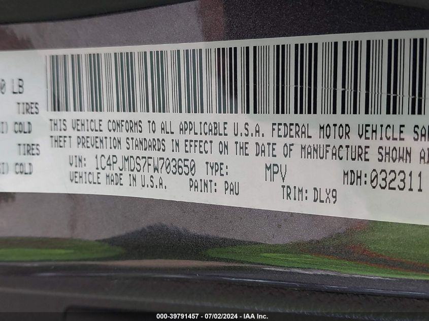 2015 Jeep Cherokee Limited VIN: 1C4PJMDS7FW703650 Lot: 39791457