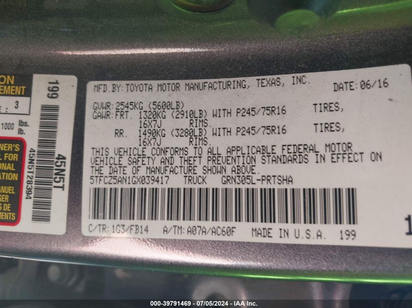 2016 Toyota Tacoma Sr V6 VIN: 5TFCZ5AN1GX039417 Lot: 39791469