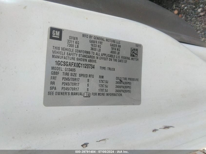 2012 Chevrolet Express 1500 Work Van VIN: 1GCSGAFX7C1121234 Lot: 39791484