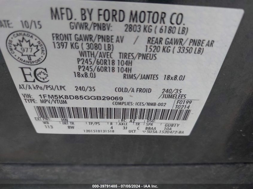 2016 Ford Explorer Xlt VIN: 1FM5K8D85GGB29069 Lot: 39791485