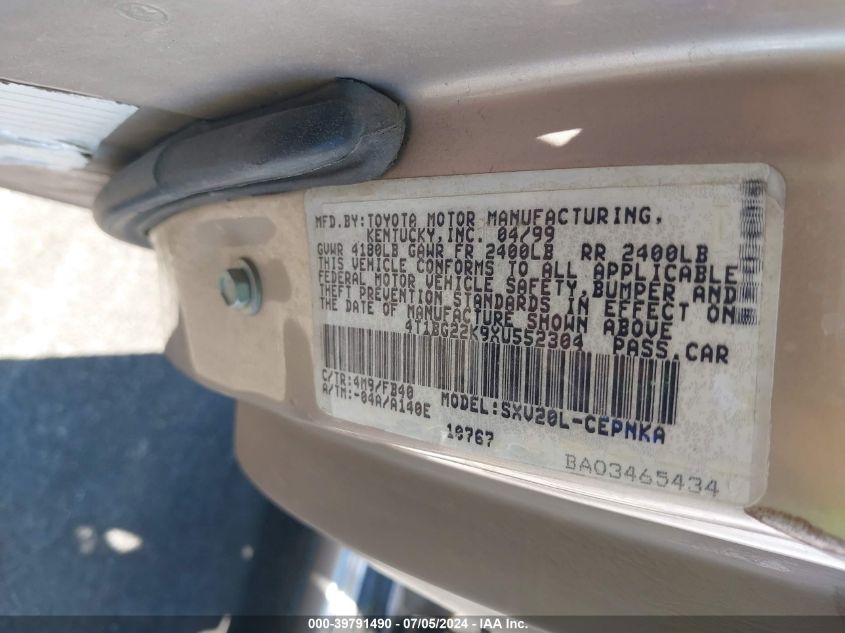 1999 Toyota Camry Le VIN: 4T1BG22K9XU552304 Lot: 39791490