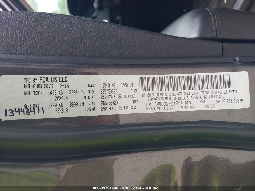 2015 DODGE DURANGO LIMITED - 1C4RDJDG7FC112214