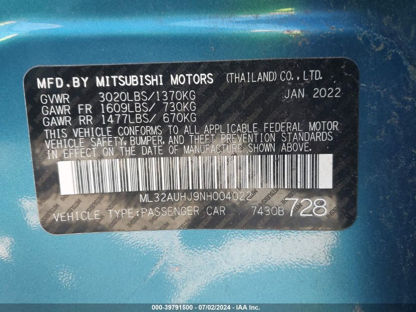 2022 Mitsubishi Mirage Es/Le VIN: ML32AUHJ9NH004022 Lot: 39791500