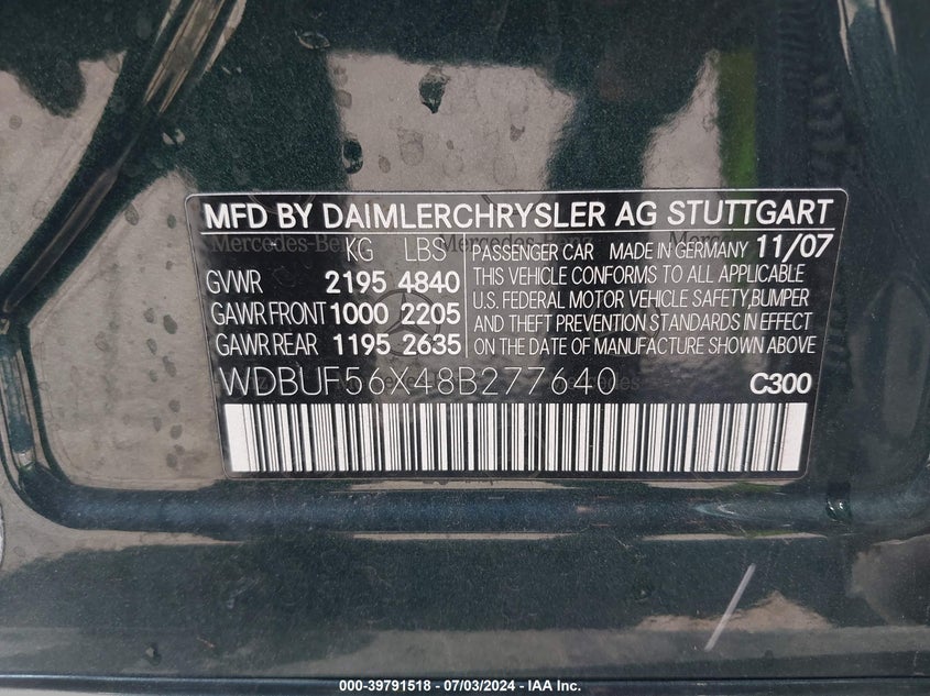 2008 Mercedes-Benz E 350 VIN: WDBUF56X48B277640 Lot: 39791518