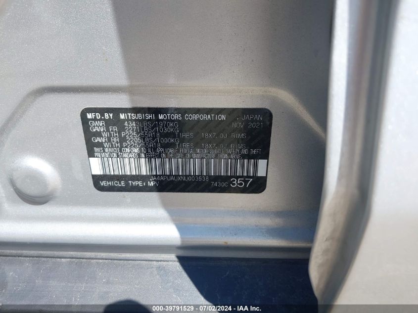 2022 Mitsubishi Outlander Sport 2.0 Be 2Wd/2.0 Es 2Wd/2.0 Le 2Wd/2.0 S 2Wd VIN: JA4APUAUXNU003538 Lot: 39791529