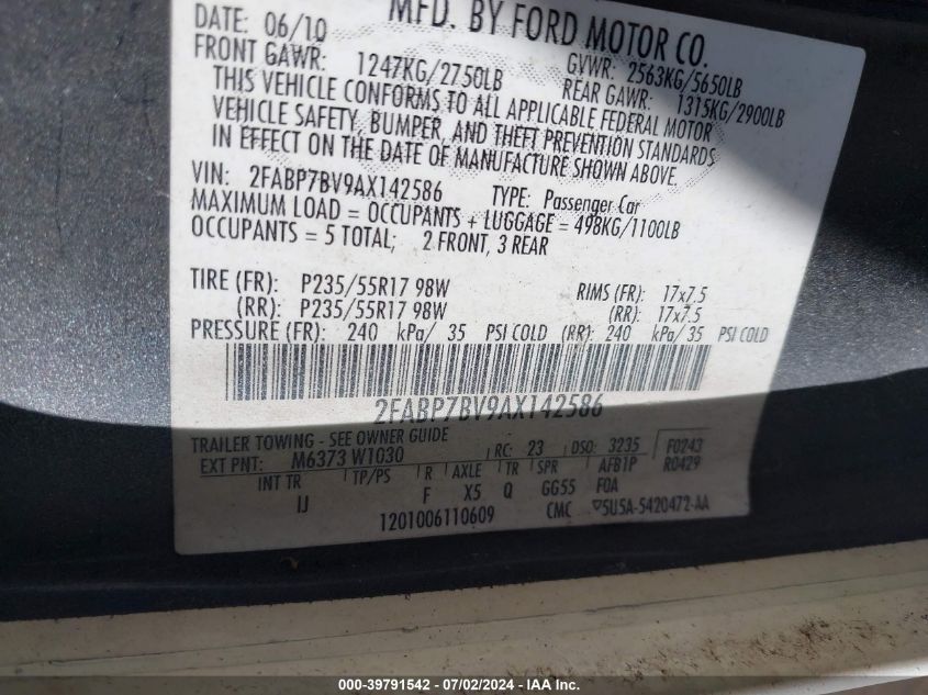 2010 Ford Crown Victoria Police/Police Interceptor VIN: 2FABP7BV9AX142586 Lot: 39791542