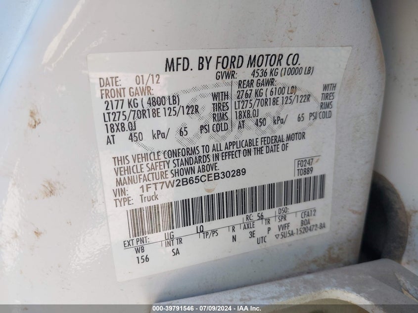 2012 Ford F-250 Lariat VIN: 1FT7W2B65CEB30289 Lot: 39791546