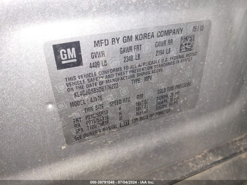 2013 Buick Encore Leather VIN: KL4CJGSB5DB176273 Lot: 39791548