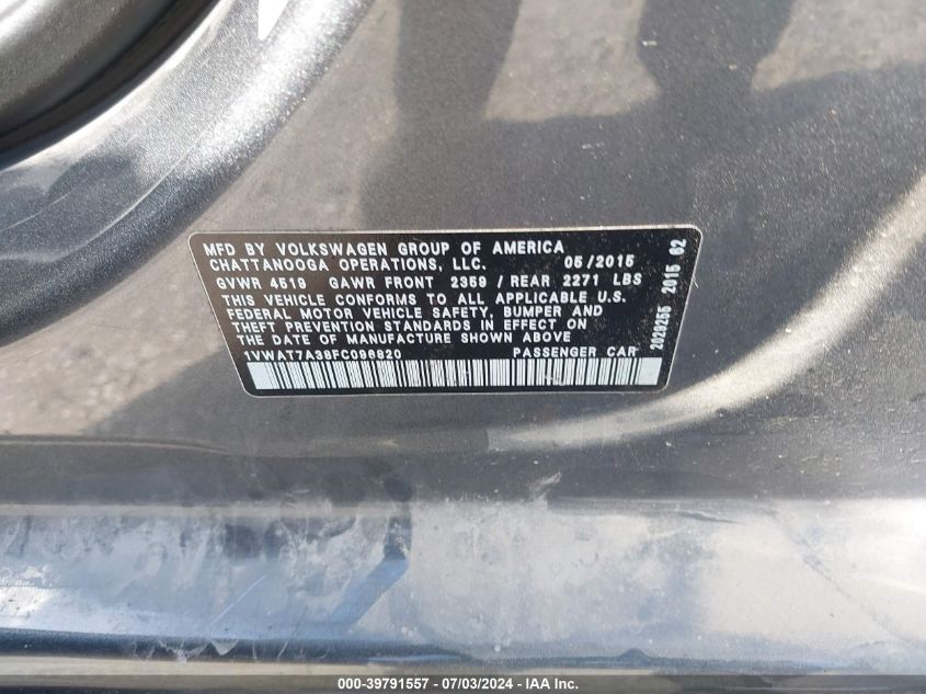 2015 Volkswagen Passat S VIN: 1VWAT7A38FC096820 Lot: 39791557