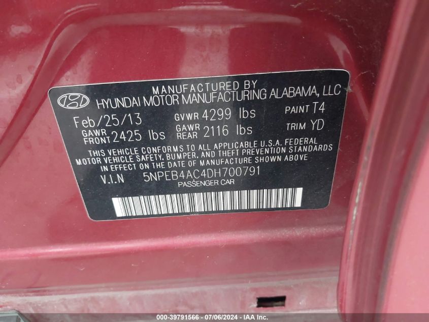 2013 Hyundai Sonata Gls VIN: 5NPEB4AC4DH700791 Lot: 39791566