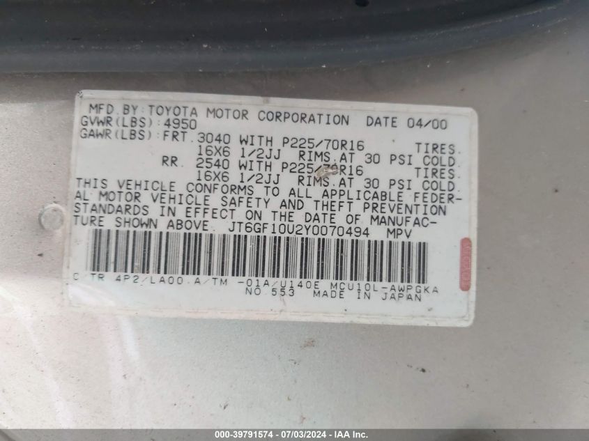 2000 Lexus Rx 300 VIN: JT6GF10U2Y0070494 Lot: 39791574